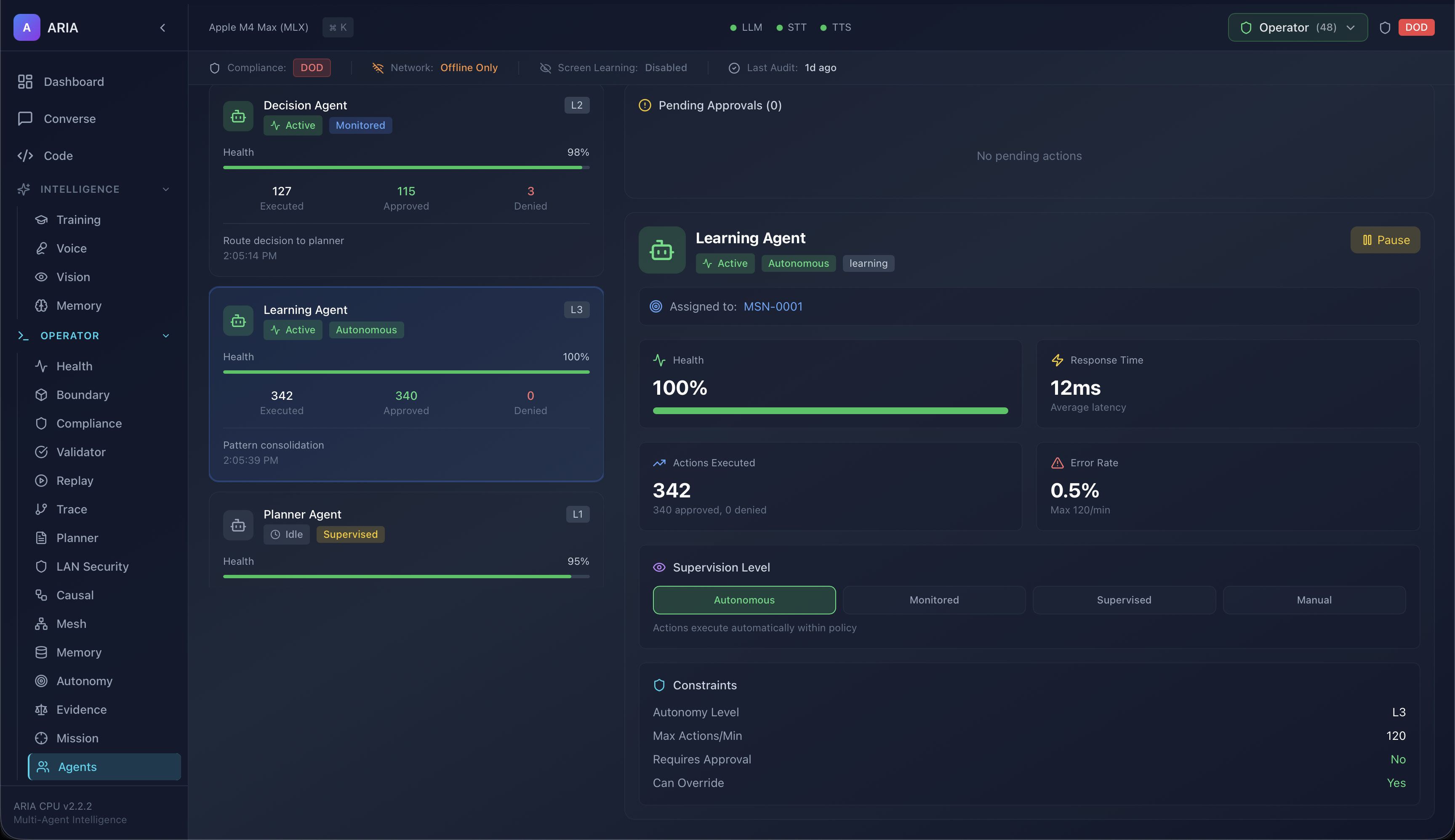 Decision & Learning Agents Panel UI