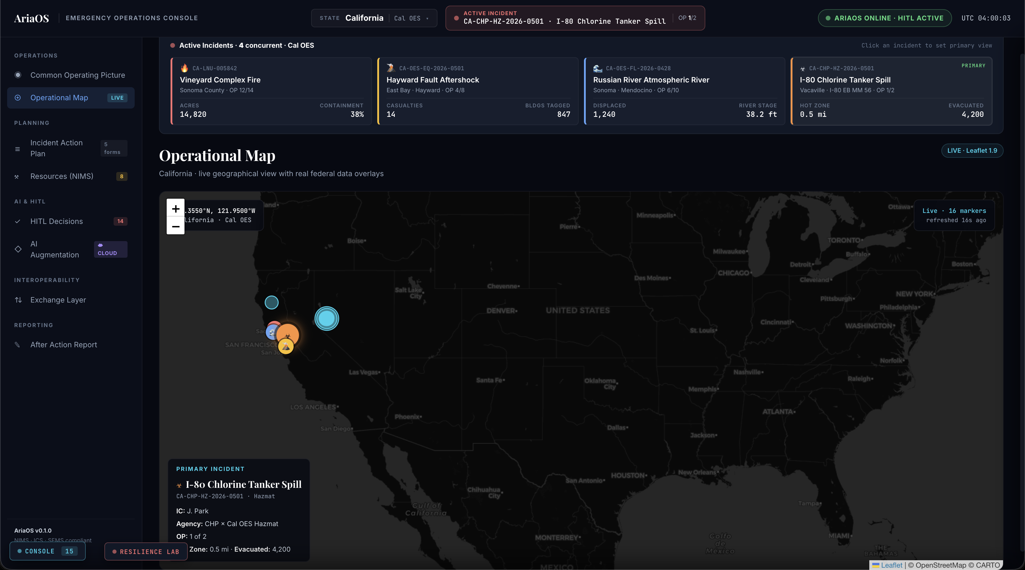 Operational Map showing California with four live federal-data overlays and the I-80 Chlorine Tanker Spill as primary incident.