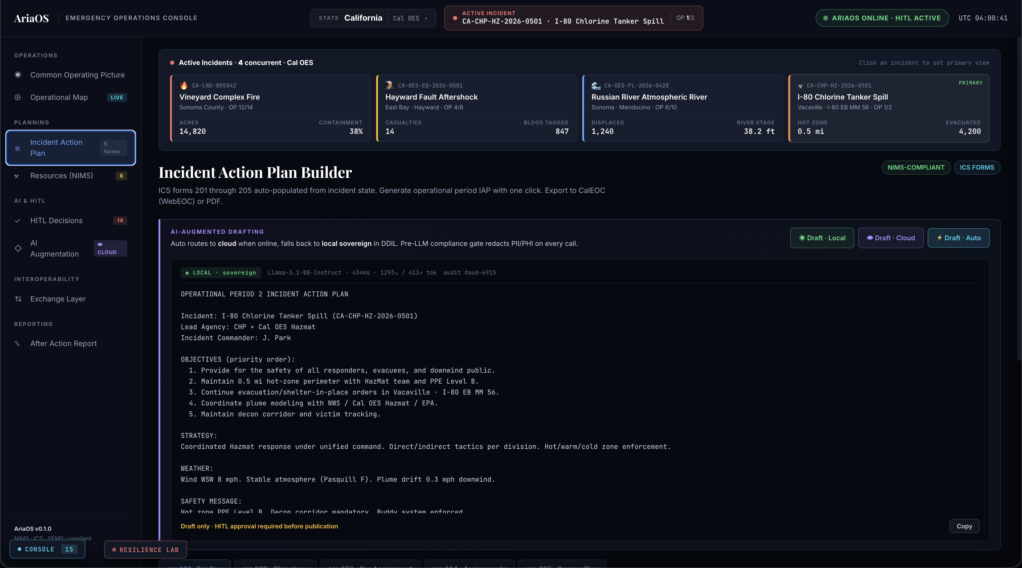 Incident Action Plan Builder rendering an ICS 201 draft from the local sovereign AI tier.