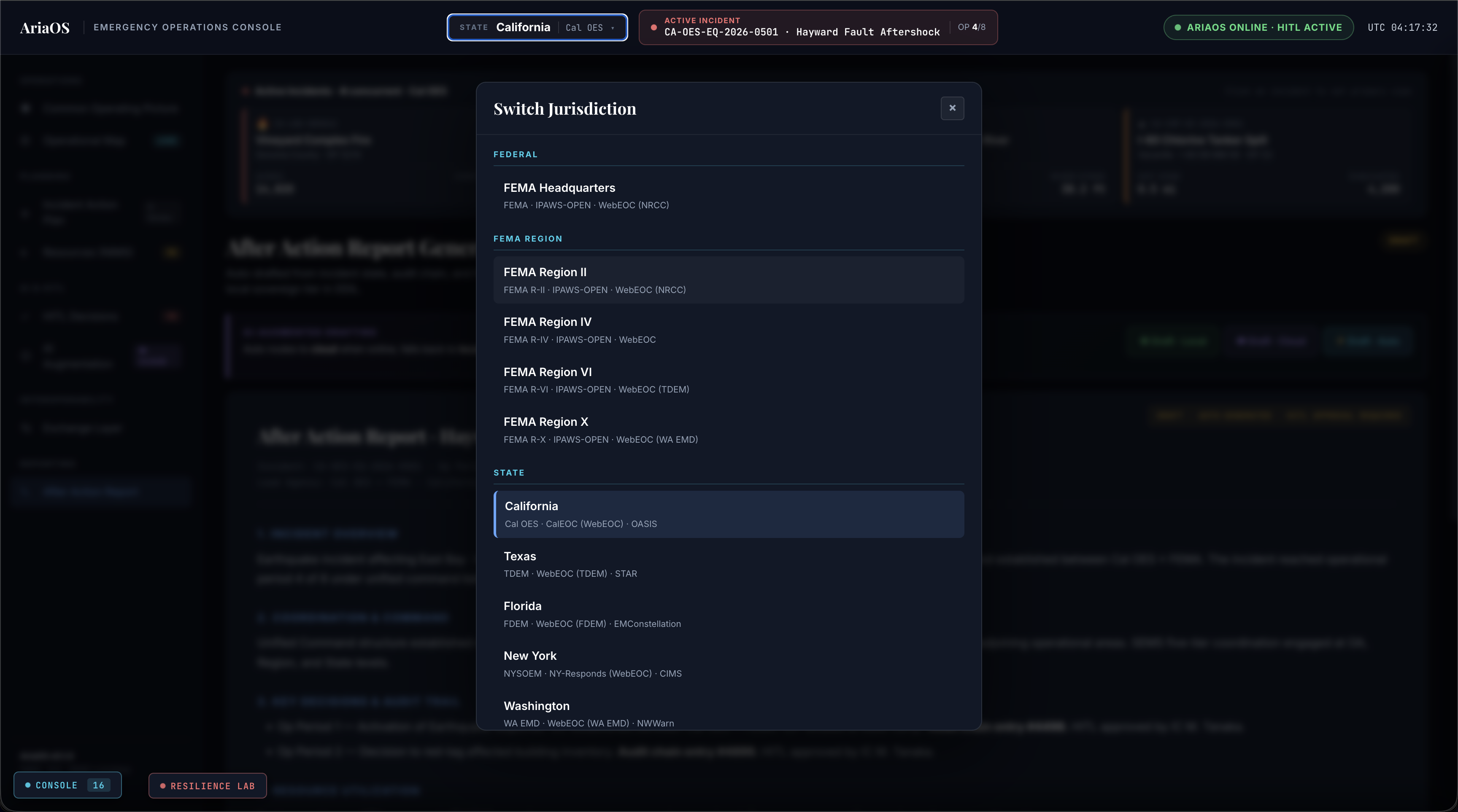 Switch Jurisdiction modal listing federal, FEMA region, and state options.